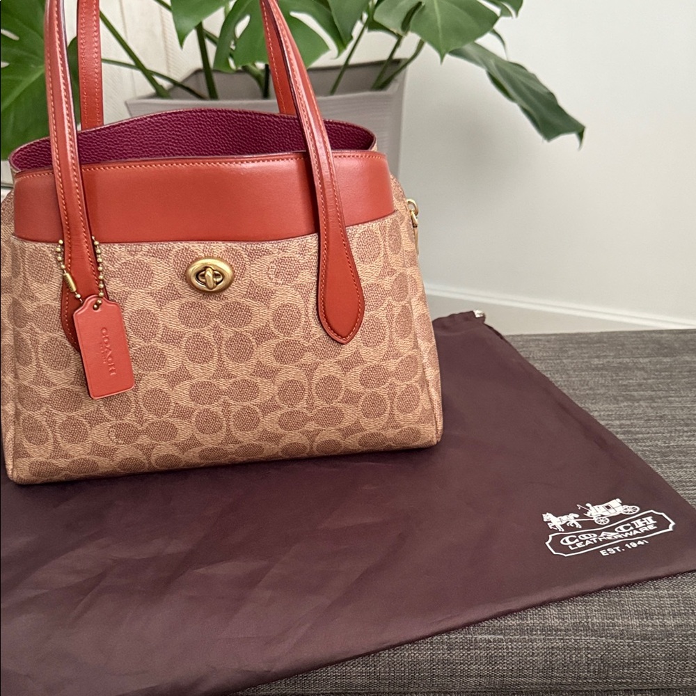 Coach Tan and Red Signature Shoulder Bag